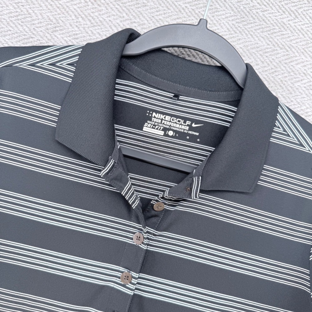 Nike Golf Polo Shirt Large Black Striped Dri-FIT Tour Performance Activewear
